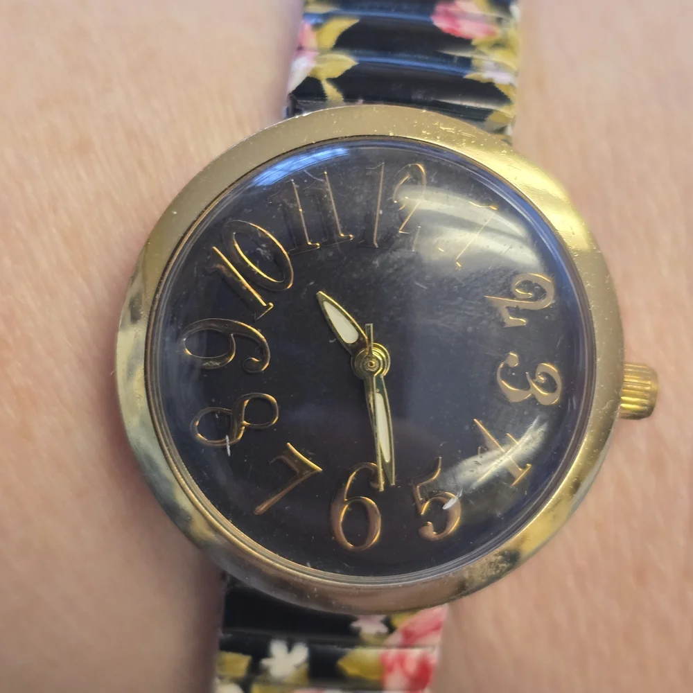 Geneva Black Dial Women's Watch with Floral Stretch Band